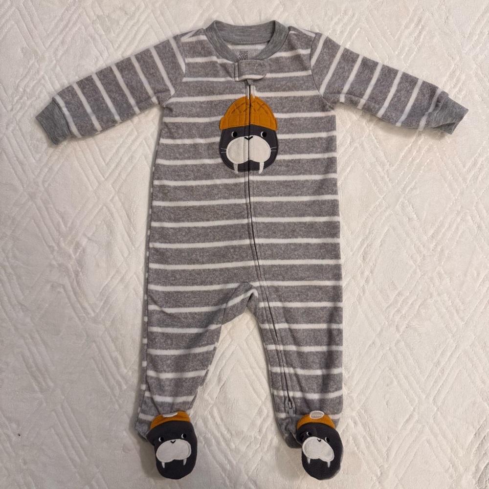 3 for $15 Carter's Gray and White Striped Fleece Footie 6M